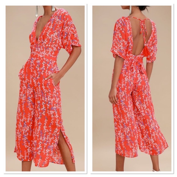 Anthropologie‎ Moon River Red Floral Print Jumpsuit Open Back Wide Leg Size M - Picture 15 of 15